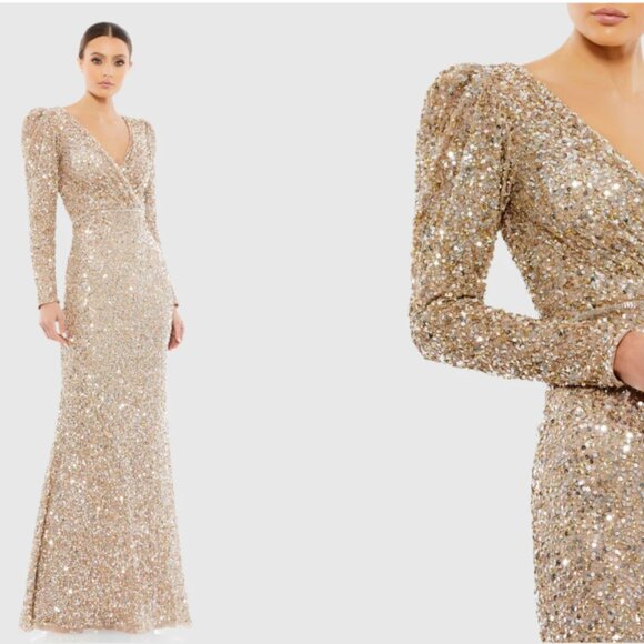 MAC DUGGAL 5510 PUFF SHOULDER SEQUINED SURPLICE SHIMMERING GOLD GOWN sz 8 - Picture 4 of 8